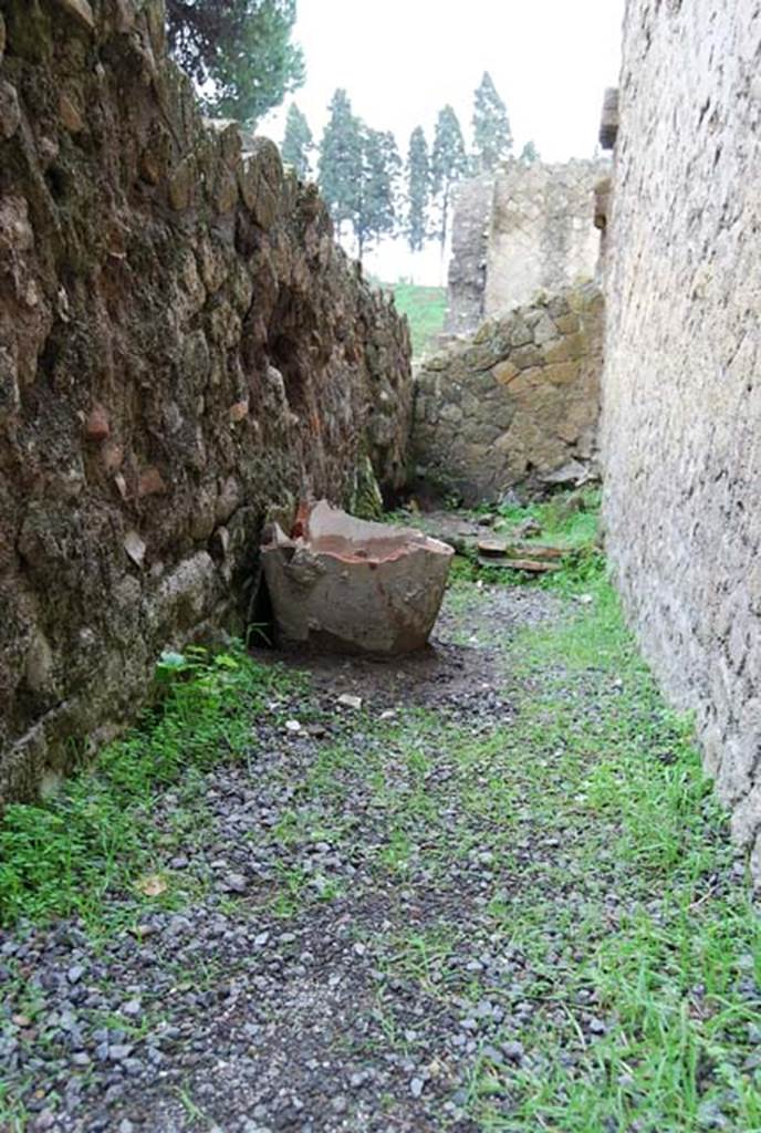 IV.11, Herculaneum, December 2008.
Looking east along small area on north side of large room, corridor leading to latrine.
Photo courtesy of Nicolas Monteix.